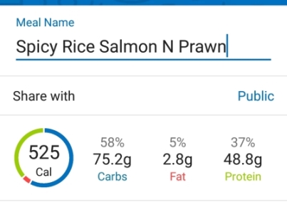 a picture showing the nutritional value of the salmon and prawn rice dish