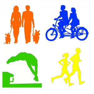 a picture showing people running, swimming, walking and cycling in green, blue, yellow and orange