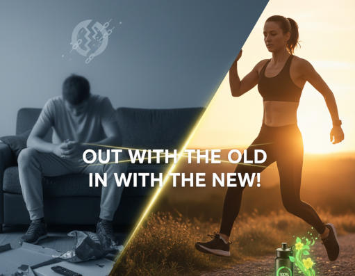 greyed out image of a man looking depressed with a split screen of a woman running outside with a sunset in the background