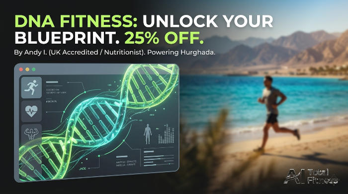 DNA Specific Training slide showing man running on the beach in Hurghada and a strand of DNA