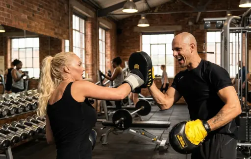 Andy Personal Trainer holding focus pads for a female client in a gym while she hits them with boxing gloves on