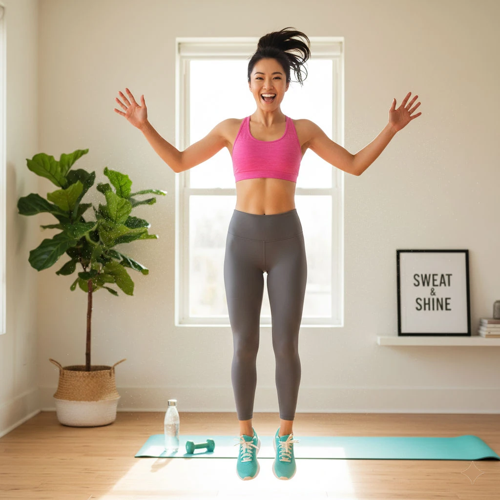 Lady dressed in training gear at home jumping for joy in front of a green yoga mat with a bottle of water and green dumbbell on it in a well lit room 