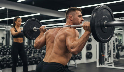 A man doing a barbell squat in a gym 