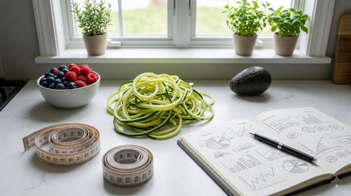 A picture showing courgette noodles, a measuring tape, a bowl of berries, an avocado and graphs in a book laying on a desk facing a window looking into a well lit garden